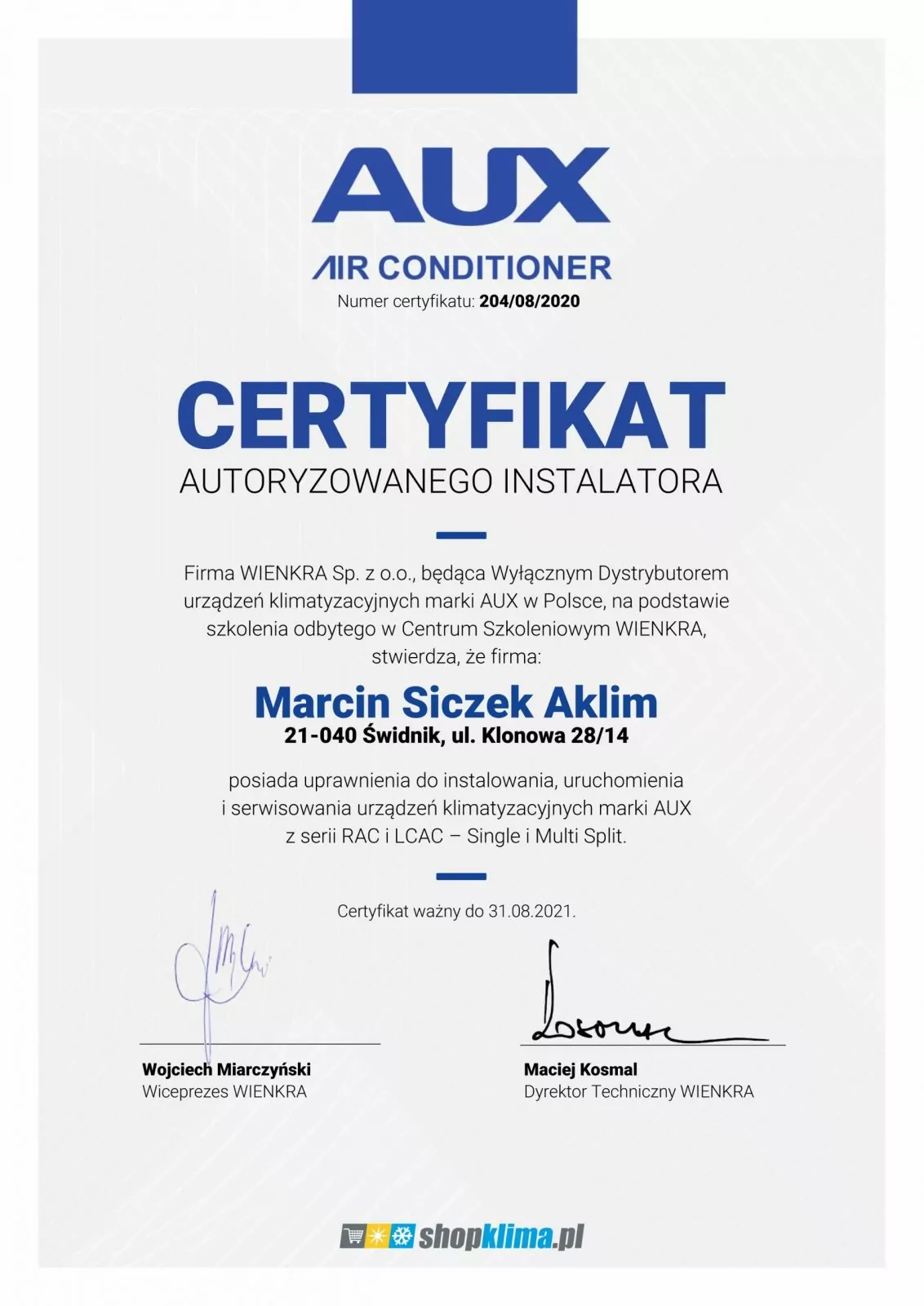 Certyfikat AUX