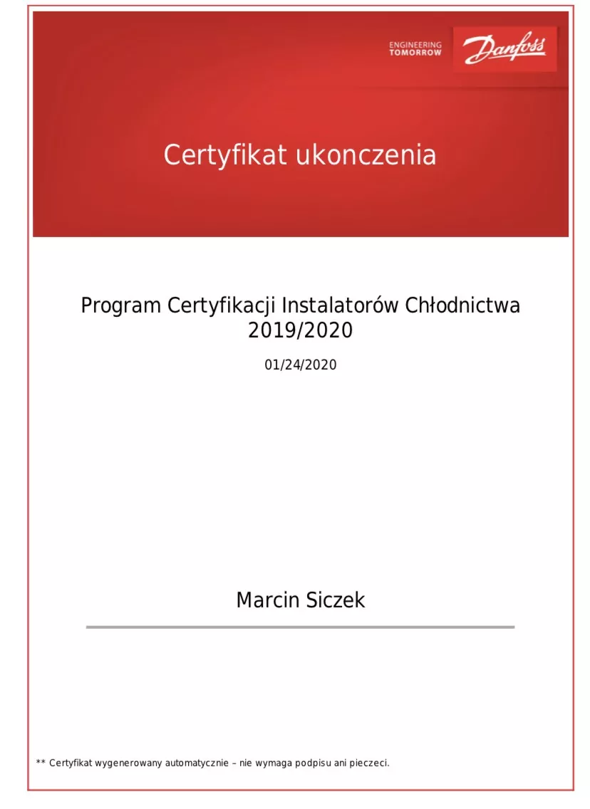 Certyfikat Danfoss