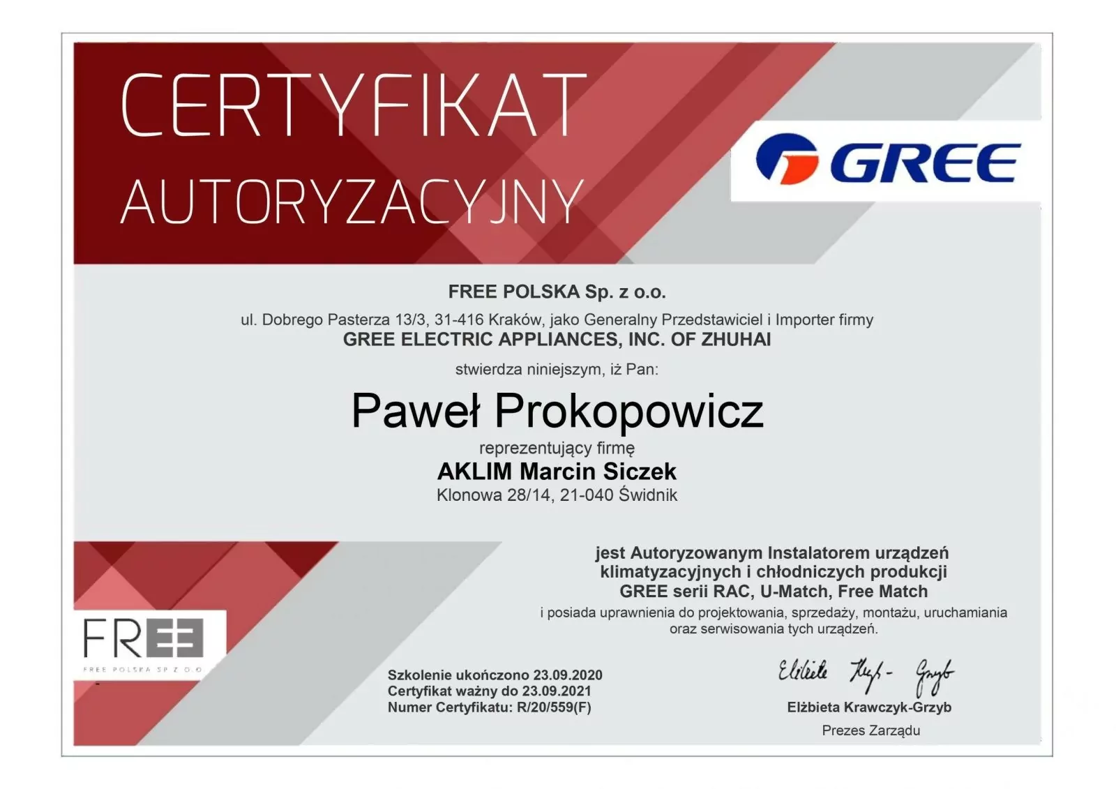 Certyfikat autoryzacyjny GREE