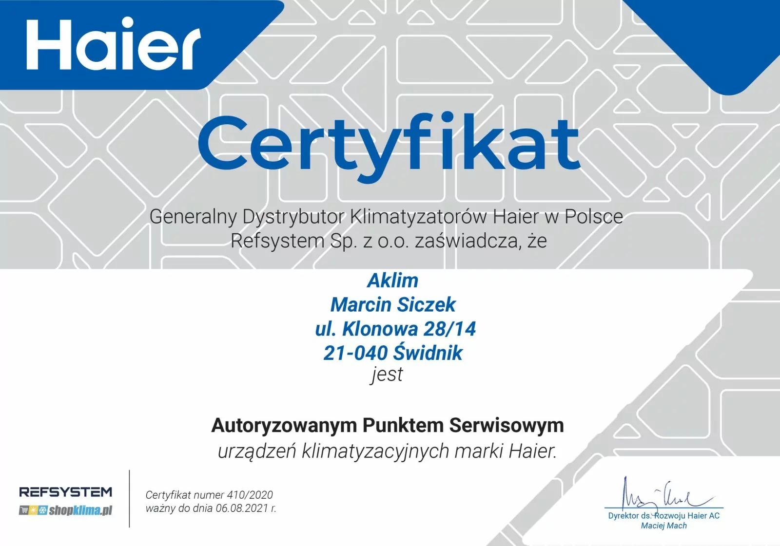 Cerytikat Haier