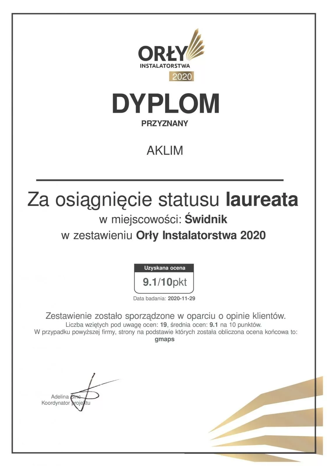 Dyplom Orły Instalatorstwa