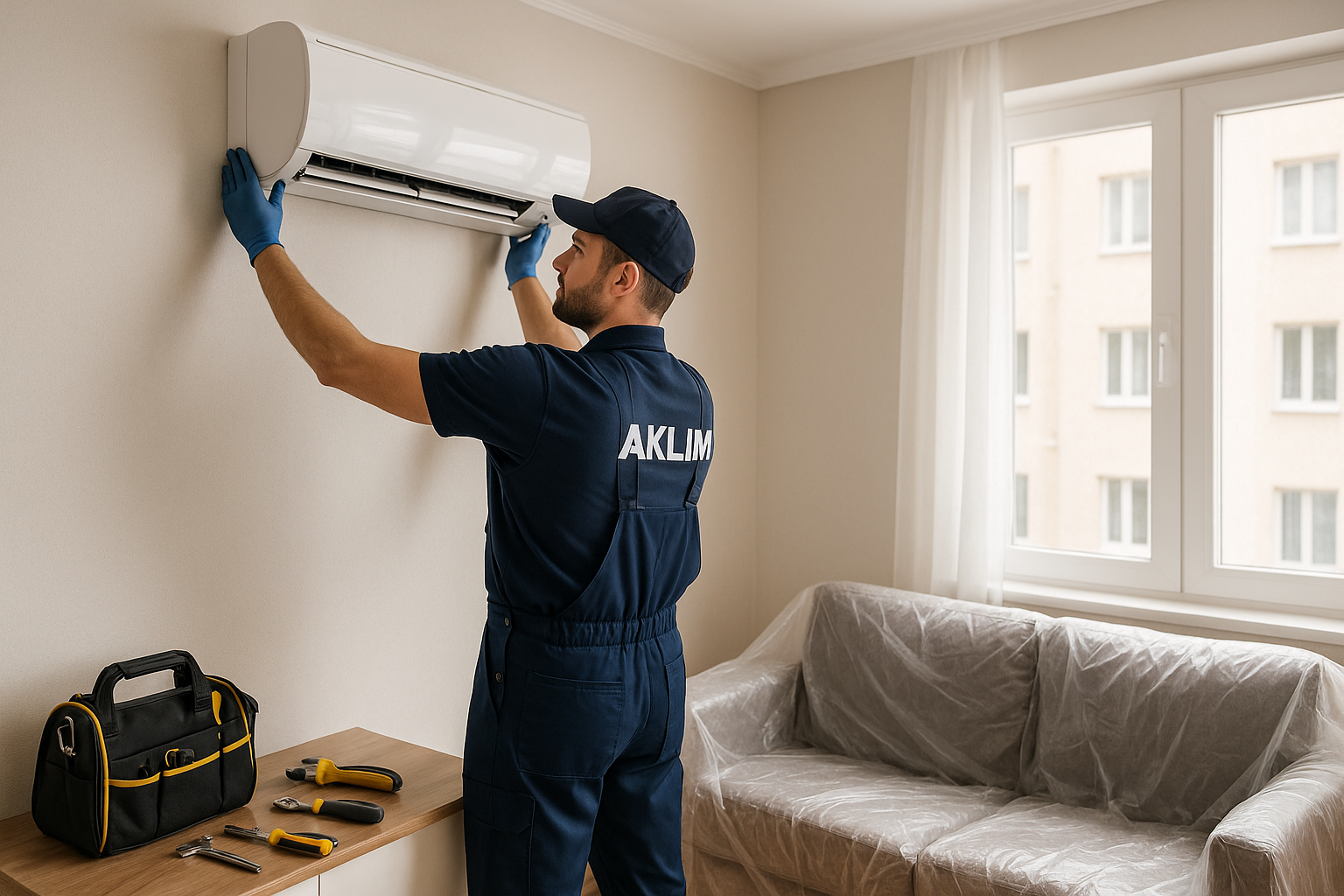 Technik montuje klimatyzację w mieszkaniu w Lublinie