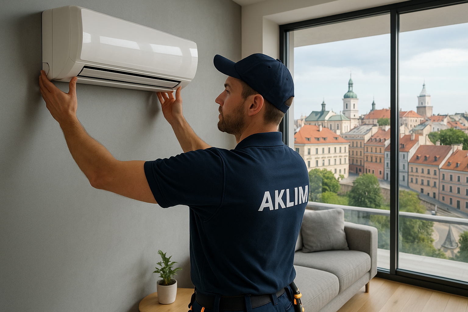 Technik montuje klimatyzację w salonie domu jednorodzinnego w Lublinie